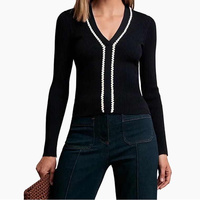 Reiss Lauri Craft-Stitch Top In Navy/White